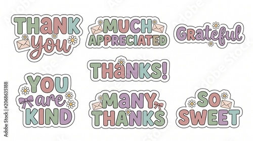 Set of Retro Pastel Thank You Stickers with Grateful and Kind Phrases Isolated on White Background, Vintage Aesthetic Hand Drawn Vector Decorative Elements for Customer Gratitude.