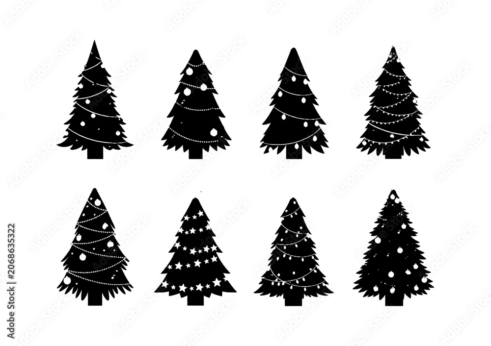 Obraz premium Set of black christmas tree icons with different decorations and lights for winter holiday design projects isolated on transparent background, Vector
