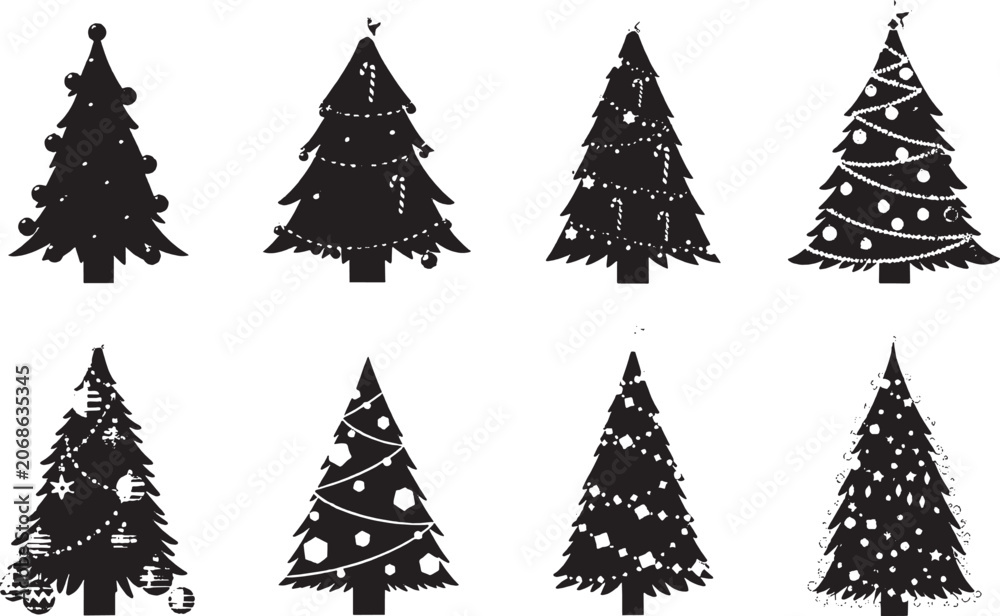 Obraz premium Set of black silhouette christmas tree icons in different styles for holiday cards and seasonal design projects isolated on transparent background, Vector
