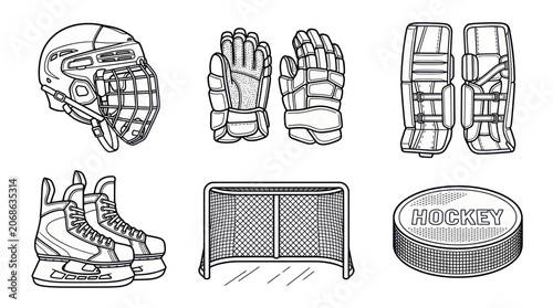 Photography Ice Hockey Equipment and Gear Set - Line Art Icons