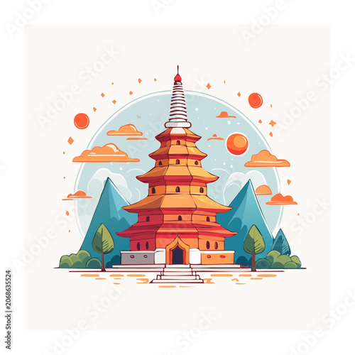 Colorful East Asian Pagoda in Flat Design