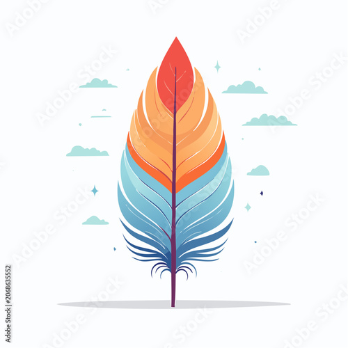 Colorful Feather Illustration with Clouds and Stars
