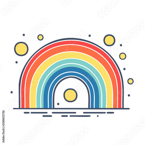 Colorful rainbow arch illustration with sun and dots
