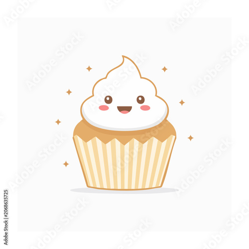 Cute kawaii cupcake with frosting and sparkling stars
