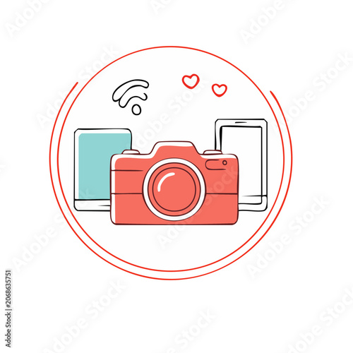 Flat design camera icon with tablet and smartphone