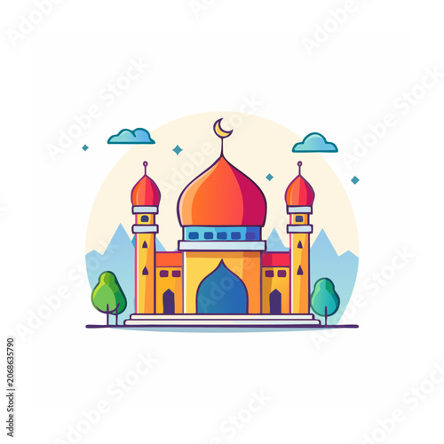 Flat design illustration of a colorful mosque with dome and minarets