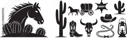 Western cowboy horse cactus icons set black silhouette isolated collection representing cowboy lifestyle, desert landscapes and vintage western elements for posters, logos and merchandise graphics.