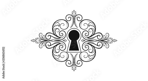 Elegant vintage keyhole design features intricate black scrollwork and floral flourishes around a central silhouette of a keyhole on white.