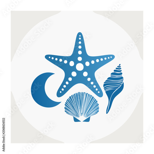 Blue seashells, starfish, and crescent moon graphic