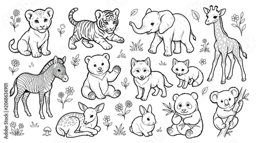 Canvas Print Cute baby animals coloring page vector, hand drawn safari and forest wildlife co