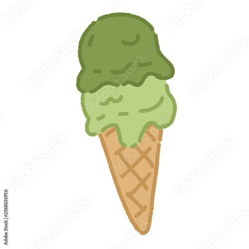 Bild auf Leinwand Double scoop matcha green tea ice cream in waffle cone illustration