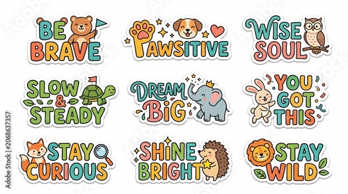 Set of 9 Cute Cartoon Animal Stickers with Motivational Quotes and Positive Affirmations for Kids Education, Scrapbooking, and Mental Health Support, Colorful Flat Vector Illustration