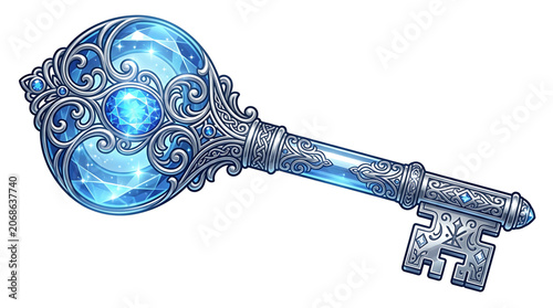 Ornate blue crystal key with silver filigree