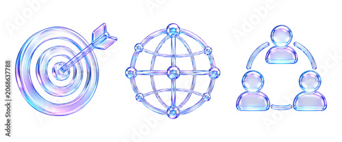 3D glossy liquid glass business icons set, abstract transparent fluid target, global network planet, and team connection symbols isolated on Transparent background