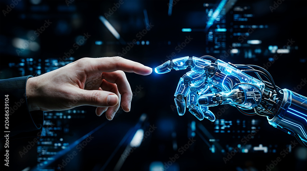 Fototapeta premium Human finger touches glowing blue robotic hand in futuristic digital environment image