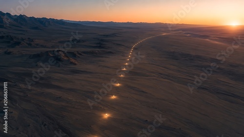 Aerial view of a winding desert road illuminated by a string of lights at sunset, stretching into the distant horizon.