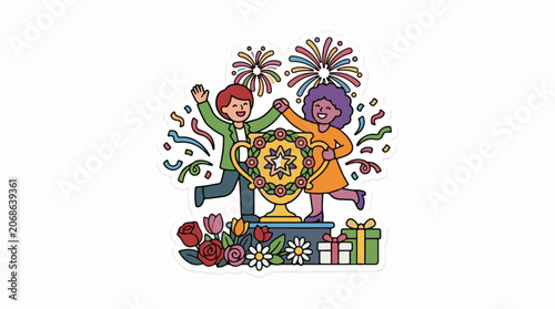 A colorful illustration of two people celebrating with a trophy and fireworks