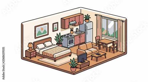 A cozy studio apartment with a bed, kitchenette, and living area