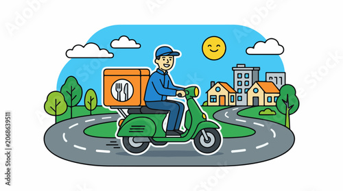 A delivery person rides a green scooter on a curved road with a box