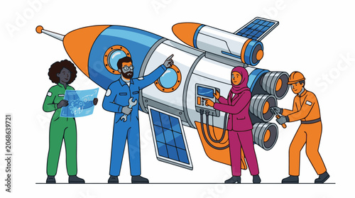 A diverse group of people in colorful jumpsuits working together on a large rocket