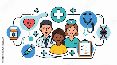 A doctor, nurse, and patient surrounded by medical icons and symbols