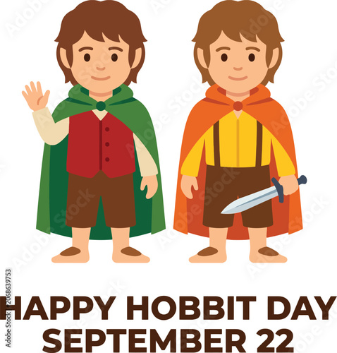 Two cartoon hobbit characters wearing cloaks and vests with one waving and the other holding a small sword standing above the text happy hobbit day september 22