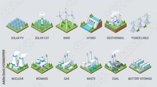 Clean isometric energy infographic  power-generation and grid icons ,Solar PV, Solar CST, Wind, Hydro, Geothermal, Power Lines, Nuclear, Biomass, Gas, Waste, Coal, Battery Storage. Modern 3D vector .