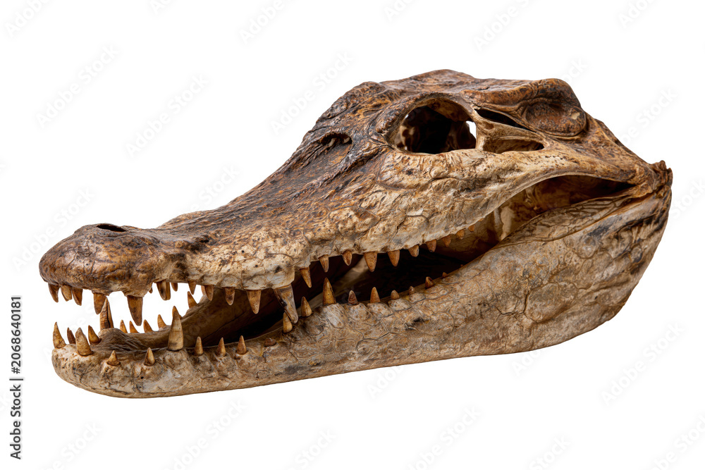 Fototapeta premium Weathered reptile skull featuring a long snout and prominent teeth for zoological and anatomical concepts, isolated on transparent background 