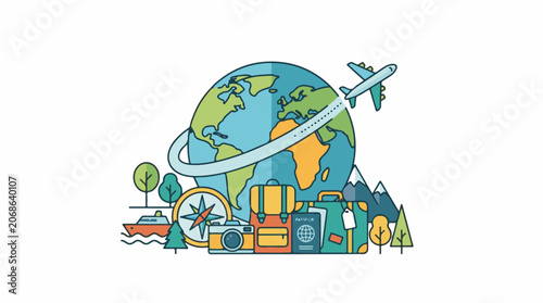 A globe surrounded by travel-related items