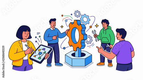 A group of four people collaborate on a large gear with a tablet and tools
