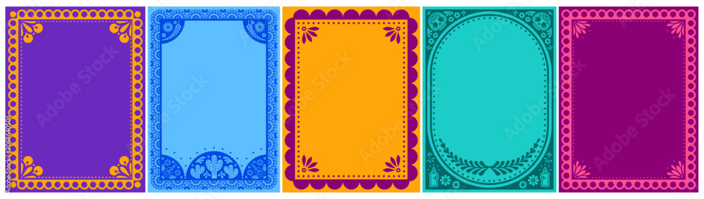 Fototapeta premium Mexican frames with vibrant floral pattern, latino folk motifs, vector posters, ethnic background. Colorful flower border design for Day of the Dead party cards, festive invites with skull, candles