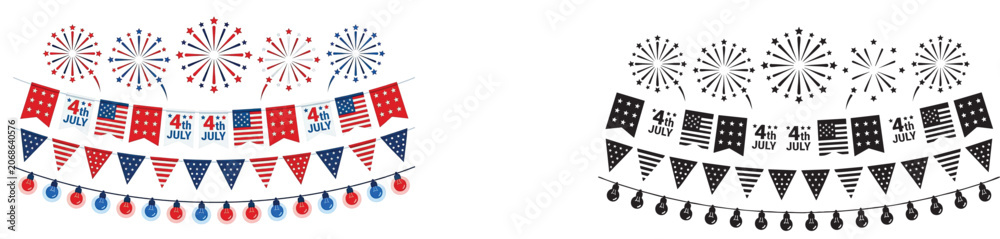 Obraz premium 4th of july patriotic banner with fireworks and bunting flags