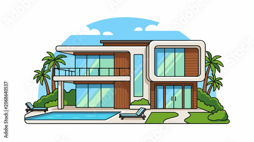 A modern two-story house with a pool and palm trees on a sunny day