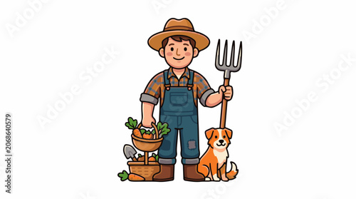 A smiling farmer in overalls and hat holds a pitchfork, standing with dog and vegetables