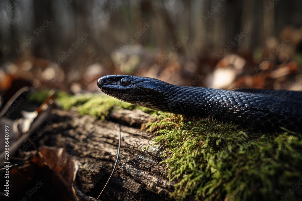 Obraz premium Basking black rat snake beneath morning light along a forest edge in Oklahoma