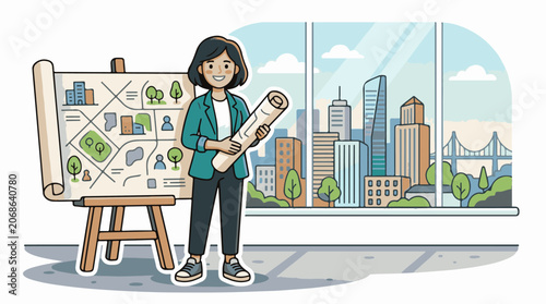 A woman holds a city plan in front of a presentation board