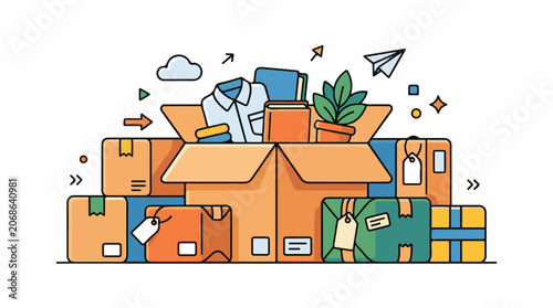 Colorful illustration of stacked packages and boxes with various items