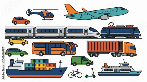 Colorful illustration of various transportation vehicles on land, sea, and air