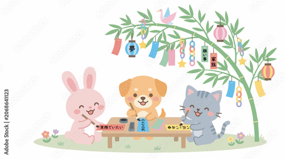 Naklejka premium Cute animals celebrating Tanabata festival, writing wishes under a decorated bamboo tree.