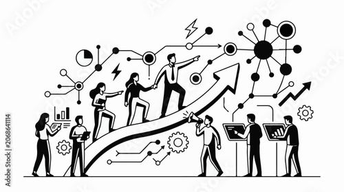 A black and white illustration of people working together on a large graph