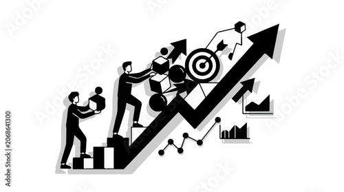A business illustration of people climbing a bar graph with a rising arrow and targets