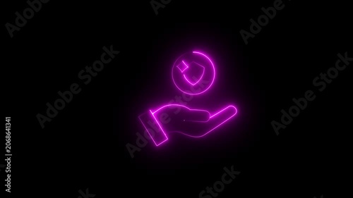 Animated black line icon of hand tossing a coin that morphs into a shield and key symbol. Represents financial safety, savings protection, Isolated illustration on dark background..