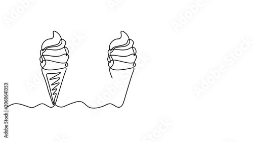 set of three ice cream cone, sweet summer treat, Self drawing animation one continuous line draw, logo on white background