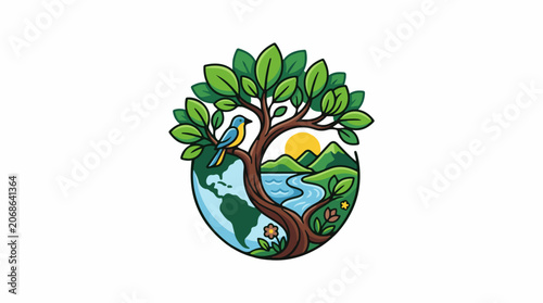 A cartoon globe with a tree growing out of it, featuring a river and bird