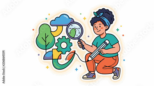 A cartoon woman examines the environment with a magnifying glass