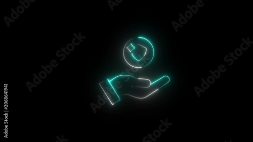 Animated black line icon of hand tossing a coin that morphs into a shield and key symbol. Represents financial safety, savings protection, Isolated illustration on dark background..