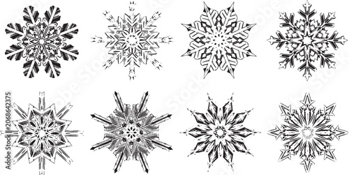 Set of eight hand drawn black snowflake icons for winter holiday design isolated on transparent background, Vector