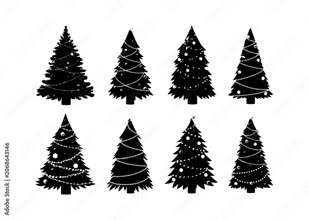 Obraz premium Set of black pine tree silhouettes for holiday and christmas design projects isolated on transparent background, Vector