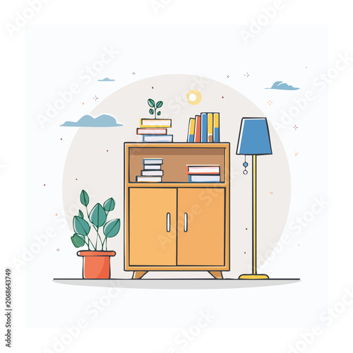 Flat design illustration of bookshelf with books and lamp