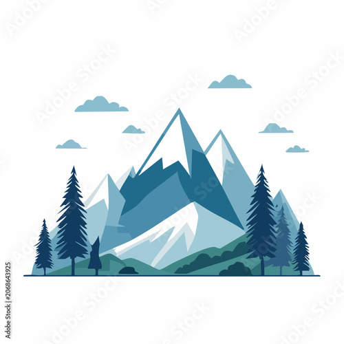 Stylized Mountain Landscape with Pine Trees and Clouds